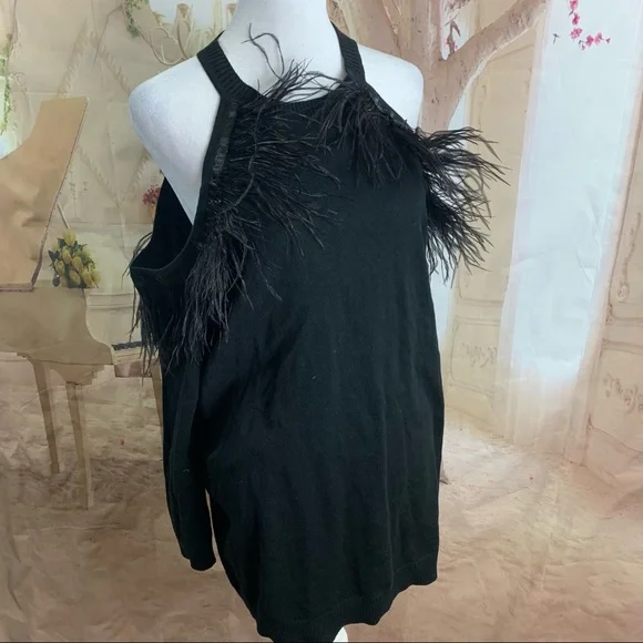 NEW Eloquii Cold Shoulder Sweater with Feather Trim Sweater - Picture 6 of 11
